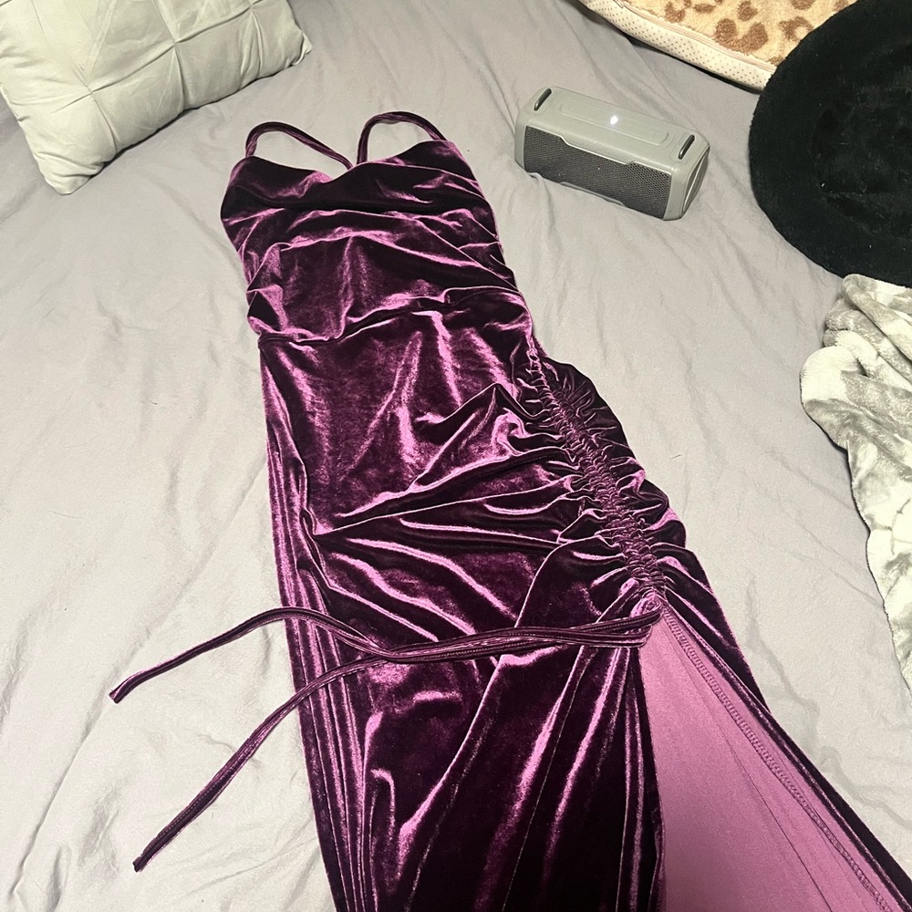 Purple, crushed velvet, cross back dress sides, slit, rush, detail